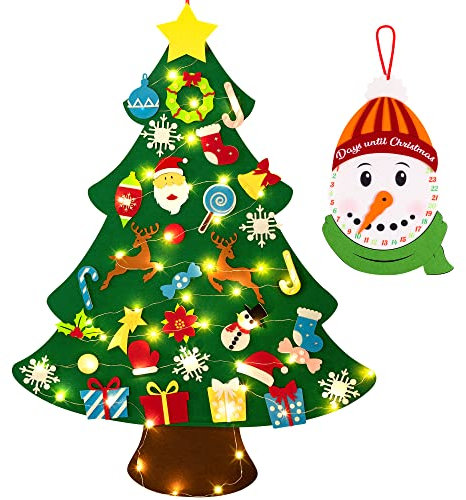 jollylife 3ft DIY Felt Christmas Tree Set + Snowman Advent Calendar - Xmas Decorations Wall Hanging 33 Ornaments Kids Gifts Party Supplies