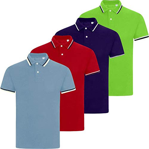 New Pack of 4 Mens Polo Shirt Short Sleeve Plain Pique Top Designer Tshirt Tee [Sky Red Green Purple - 4 Pack Tipping, L]
