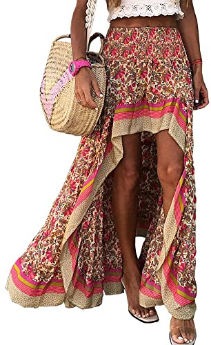BTFBM Women 2026 Spring Summer Long Skirts Dress Boho Floral Elastic Waist Split Ruffle High Low Beach Maxi Skirt Clothes(X-Red, Large)