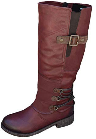 Minetom Stivali da Donna Scarpe Tacco Basso Calzature da Piatti Caldi con Zip Biker Punk Lunghi Stivali da Motociclista Invernali A Rosso 43 EU