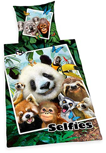 Herding Selfies Jungle Bettwäsche-Set, Dschungel-Wendemotiv, Kopfkissenbezug 70 x 90 cm, Bettbezug 140 x 200 cm, Mit leichtläufigem Reißverschluss, Baumwolle/Renforcé