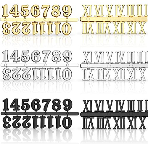 Uhrenziffern zum Herstellen mit Arabischer und Römischer Nummer DIY Digital Uhren Nummern für Design Ersatz Reparatur Uhren Zubehör (Gold, Silber, Schwarz, 6 Stücke)