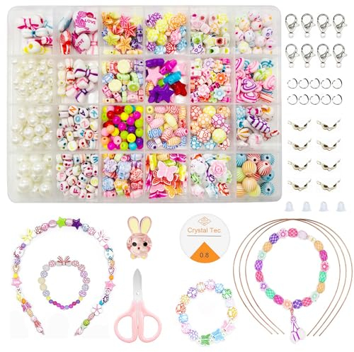 VAIYNWOM Perlen zum Auffädeln Kinder, Bastelset Schmuck DIY Basteln Schnurset Armbänder Halsketten Kunsthandwerks Geschenk Set für Mädchen Kinder 5 6 7+ Jahre, 24 Zellen, Porzellan Weißer Stil