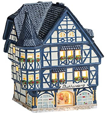Buchhandlung aus Porzellan mit Glasscheibe Fachwerkhaus Lichthaus Windlicht Miniatur-Modell B15 x T15 x H17cm