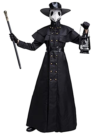 Feynman Disfraz medieval steampunk de médico de la peste negra para hombre, disfraz de médico para Halloween con juego de accesorios, color negro, talla XXL
