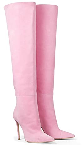 GAOword 10CM/3.93 Pollici alla Moda Sexy Scarpe A Punta Tacchi Alti da Donna Sexy Eleganti Stivali da Discoteca Stivali Alti Fino al Ginocchio Stivali da Ballo,Rosa,39 EU