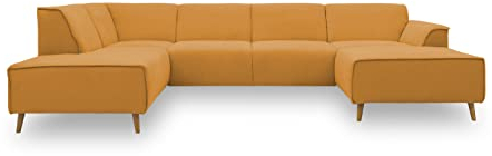 DOMO. collection Wohnlandschaft Jules FK, skandinavisches Sofa mit Federkern, Couch in U-Form mit Holzfüßen, 333 x 191 x 81 cm (BxTxH), Longchair rechts, gelb