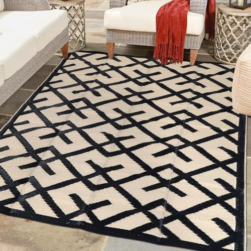 Wendbare Matten – Kunststoff-Stroh-Teppich, Outdoor-Teppich, moderner Bereich, große Bodenmatte für Outdoor, Wohnmobil, Garten, Terrasse, Hinterhof, Deck, Picknick, Strand, Schwarz & Beige, 1.5x2.3 m