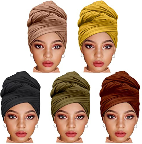ZRQ 5 Pieces Solid Color Multicolor Combination Stretch Hijab Extra Long Scarf Jersey Turban Fashion Head Scarf Soft Head Wraps for Women (Black,Camel,Coffee,Army Green,Turmeric)