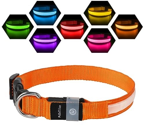 PcEoTllar Leuchthalsband Hund Aufladbar, Hundehalsband Leuchtend Wasserdicht, Blinkend LED Halsband für Hunde mit 7 Farben, Einstellbare LED Hundehalsband für Kleine Große Hunde, Orange-M
