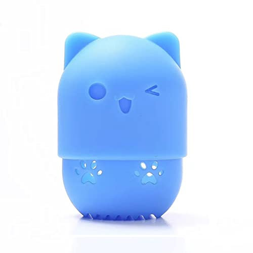 Makeup Sponge marshmallow sponge for foundation Silicone Travel Case Beauty blender holder Washable Reusable Cat Shape Cosmetic Sponge Container (Blue)
