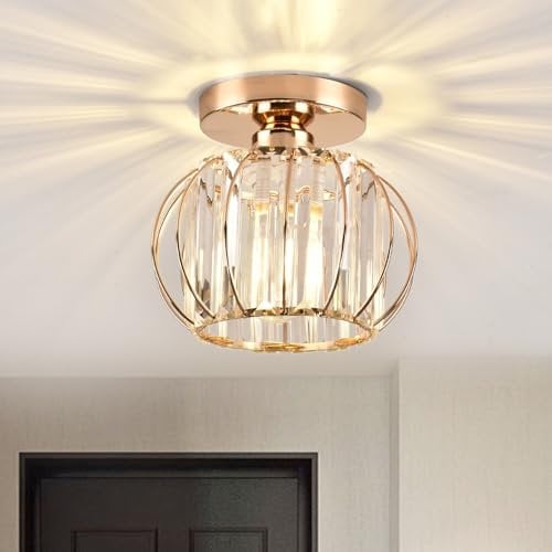 ZYDTRIP Crystals Ceiling Light Fixtures Chandelier, Small Semi Flush Mount Ceiling Light Fitting for Hallway Entrance Kitchen Bedroom Dining Rooms Living Rooms Bar (Gold)