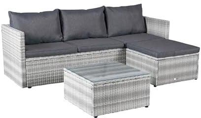LC Garden Loungino Balkonmöbel für 3-4 Personen Lounge, Sitzgruppe mit Tisch + Hocker, Gartenlounge, Ecksofa, Garten wie Balkon + Terrasse Parma Geflecht