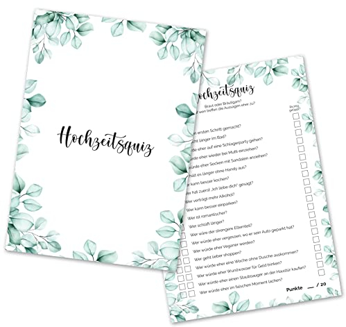 Hochzeitsquiz für Gäste und Brautpaar - Spaßiges Hochzeitsspiel mit witzigen Fragen für garantierte Lacher (Eukalyptus, 50x Stück)