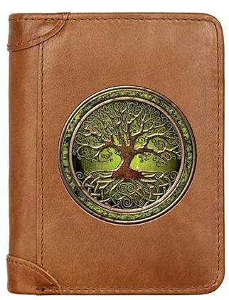 Générique pour Les Hommes Cuir Véritable Portefeuille Court, avec Blocage RFID Trifold Porte-Monnaie, Viking Arbre de Vie Arbre à Souhaits Portefeuille,Marron