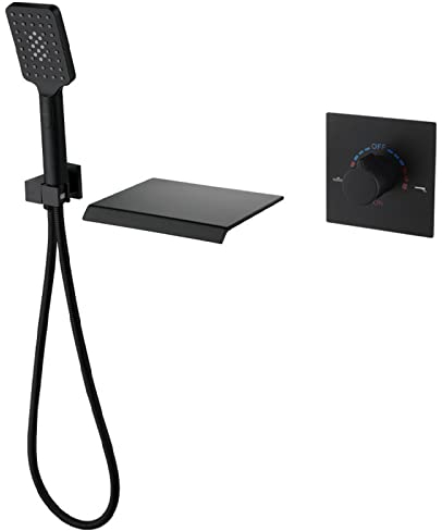 XJTNLB Badewannenarmatur Schwarz Wasserfall mit Brause Schwarz 3 Modi Einhebelmischbatterie Wandmontiert Badewannenarmatur Schwarz mit Handbrause