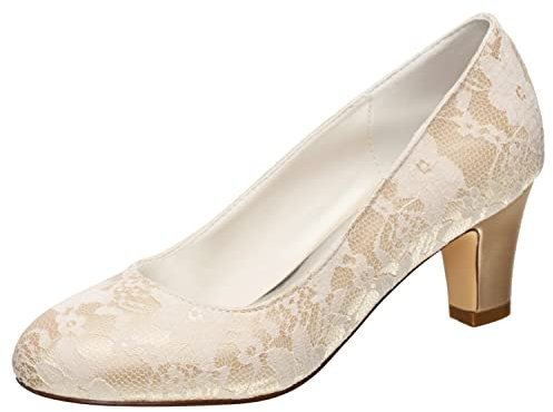 Emily Bridal 1505-1 Women's Wedding Shoes Closed Toe 2.56 Inches Chunky Heel Lace Satin Pumps Bridal Shoes (EU37/UK4, Champagne)