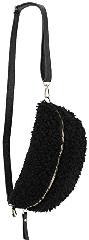 SH Leder ® Teddy Plüsch Hüfttasche Damen Gürteltasche für Festival Reise Bauchtasche mittelgroße Crossbody Bag Frauen mit echt Leder Schultergurt 27x16cm Kate G358 (Schwarz, M)
