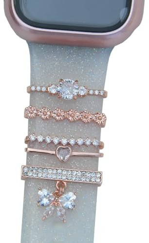 Roségoldener Herz-Anhänger mit glitzernden Diamanten, Blume, dekorative Ringe, Schlaufen, kompatibel mit Apple Watch, Silikonarmbänder, Charms 49 mm, 45 mm, 44 mm, 42 mm, 41 mm, 40 mm, 38 mm,