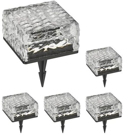 ledscom.de 5 Stück LED Solar-Pflasterstein Bodeneinbauleuchte BROSLO mit Erdspieß für außen, Glas, 10 x 10cm, warmweiß