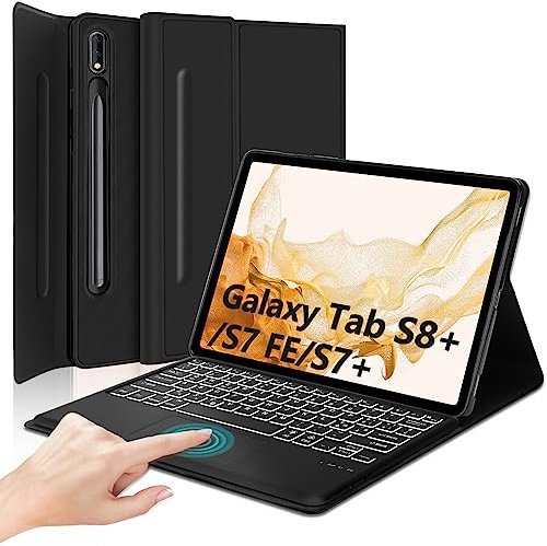 IVEOPPE Custodia con Tastiera Touchpad per Samsung Galaxy Tab S8+ Plus 2022 / Tab S7 FE/Tab S7+ Plus 12.4 2021, Italiana QWERTY-Layout Bluetooth Tastiera per Samsung Tab S8+/S7+ 12.4 Pollici, Nero