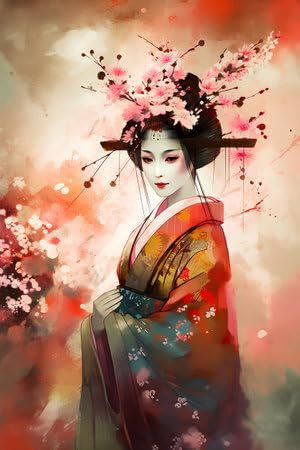 adrium Poster Image 40x60 cm Belle Geisha asiatique avec fleur de cerisier Dessin Numérique (201174291)
