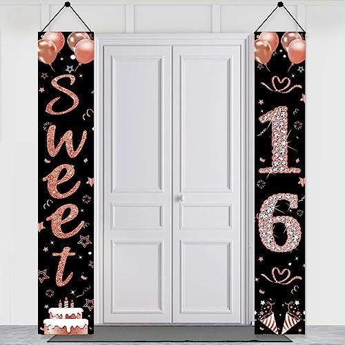 Happy 16th Birthday Decorations Door Banner for Girls, Rose Gold Sweet 16 Birthday Porch Sign Party Supplies, Sweet Sixteen Year Old Birthday Props Decor for Outdoor Indoor