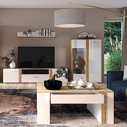 Lomadox Wohnwand Anbauwand Fernsehwand TV Wand in Eiche Nb. modern mit Fronten in Hochglanz weiß 4-teilig, TV-Lowboard, Highboard, Couchtisch und Wandregal, inkl. LED Beleuchtung
