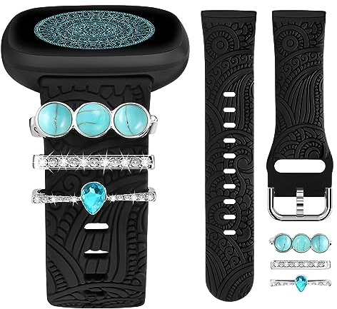 TOYOUTHS Floral Gravierte Armband mit Dekorative Charme kompatibel mit Fitbit Versa 4/Versa 3/Sense 2/Sense Armband Damen Boho Sport Silikon Armbänder mit Dressy Ring Loop, Schwarz/Türkissteine