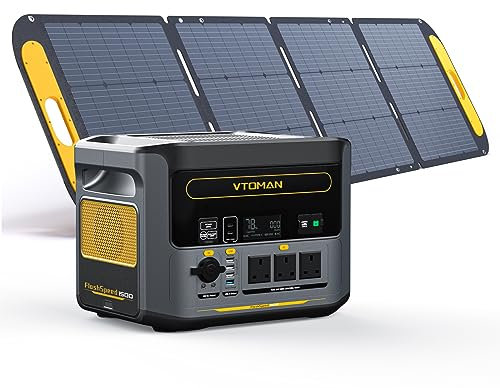 VTOMAN FlashSpeed 1500 Power Station with 220W Pro Solar Panel, 1500W/1548Wh LiFePO4 Battery Solar Generator with 230V AC Output/Input, 100W USB Port, Full Charge within 1H for Camping, Home Backup