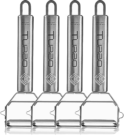 TURBO PRODUKTE 4 pelapatate in acciaio inox per frutta e verdura – avanti e indietro con lama a pendolo per mancini e destrorsi, funzione 3 in 1