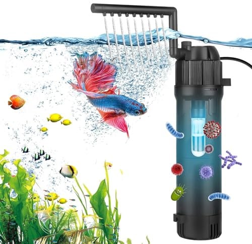 AUPERTO 5W Fish Tank Filter, 500L/H Internal Aquarium filter with UV Steriliser Ultra Quiet, Flow Rate and Direction Adjustable Submersible Filter for Turtle, Pond Fish, Garden