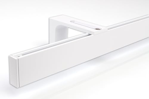 Deco-Raum Gardinenstange auf Maß Innenlauf eckig Wandbefestigung Wandträger mitte Lauf 8,3cm Vorhangstange Flächenvorhang Schiene Innenlaufstange für Vorhänge Weiß 260cm