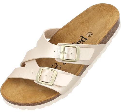 Palado Pantoletten Damen Arrila - bequeme Sandalen Made in Spain - Hausschuhe mit Kork-Fußbett - modische Sommerschuhe Gold Metallic UK7 - EU40