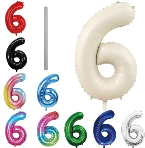 Geburtstag zahlen Luftballon 6 jahre-Cremeweiß XXL Jumbo Folienballon 40 Zoll – 101 cm Luftballons 6 Geburtstag Junge Mädchen Babyparty Geburtstagsdeko Jubiläumsparty Dekoration