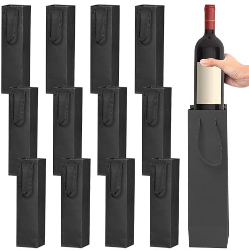 Wine Bottle Gift Bag, 12PCS Wine Gift Bags with Handles, Reusable Kraft Paper Wine Tote Bag for Party Christmas Halloween Wedding Birthday Festival Party Retail Merchandise Shopping(Black)