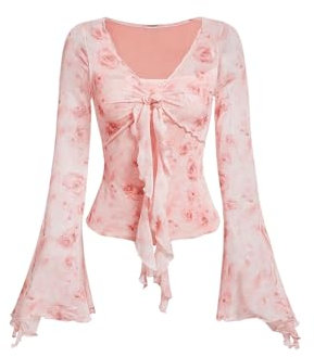 GORGLITTER Oberteil Damen Geblümt T-Shirt Elegant Oberteile Y2K Top mit Volant Ärmel Langarmshirt Strechty Tops Rosa M