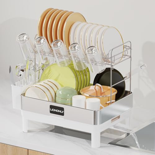 LIONONLY Escurridor de Platos 2 Niveles,Acero Inoxidable Escurreplatos con Bandejas de Goteo, Soporte de Cubiertos,Estante de Tazas und Puerta de Boquilla Giratoria,Escurreplatos sobre Fregader