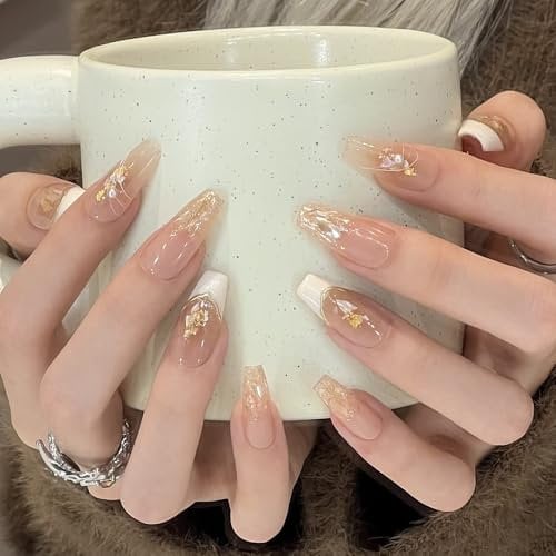 MeetRade Pure Handmade Luxury Wedding Mirror Powder Gold Foil Glitter Rhinestones Press On Nails - Reusable, French Tip, 10pcs (1 Set of 10)