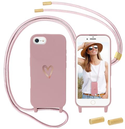 Handyband kompatibel mit iPhone SE 2022/2020/iPhone 8/iPhone 7 Hülle mit Band, MoEvn Handyhülle mit Kordel für zum Umhängen Herz Muster Silikon Case Stoßfeste Schutzhülle mit Abnehmbar Kette, Rosa