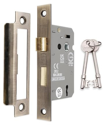 Infinity Decor Serratura a mortasa a 3 leve, 6,3 cm, in ottone anticato, con serratura a chiave, reversibile, per porte interne ed esterne