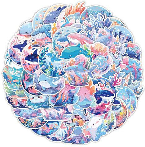 50 PCS Ocean Sea Animal Stickers for Water Bottle|Ocean Animals Vinyl Waterproof Sticker for Water Bottle Laptop Skateboard Phone Car Decals Gifts for Kids Teens Adults for Party Favors Supplies Decor