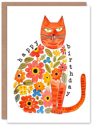 Artery8 Ginger Cat Lover Floral Fur Coat Tabby Folk Art Blank For Him Or Her Art Birthday Card