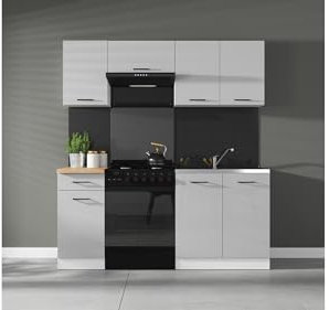 BLACK RED WHITE Küchenkomplettset Junona Line 180 cm mit Arbeitsplatte in Hellgrau Hochglanz, Beige, Grau, Weiß – Moderne Kücheneinrichtung, inkl. Zubehör