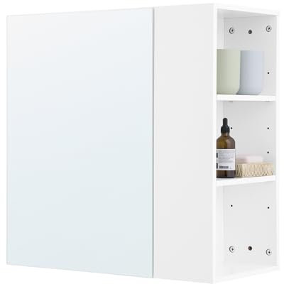 SoBuy Armoire Murale avec Miroir, Placard de Rangement, Meuble de Rangement Suspendu avec Miroir Salle de Bain, 1 Porte et 3 Compartiments latérals, Étagères Réglables, 57x30x61cm, Blanc, BZR184-W