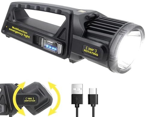 LETOUR Spot LED rechargeable 450000 lumens avec tête rotative à 350 °, 9 modes, super lumineux, lampe de poche solaire étanche IPX7 pour urgences