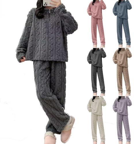 Completo caldo per il tempo libero in pile da donna, set di indumenti da notte in pile di flanella, pigiama termico da donna in flanella, completo pigiama, maglione e pantaloni in peluche (L,Grau)