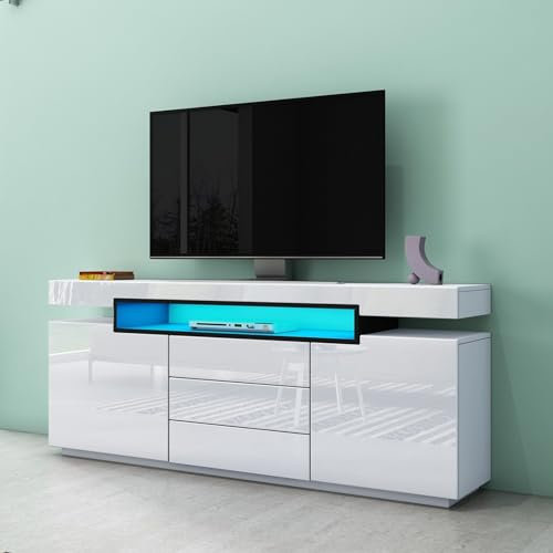Meuble TV LED moderne avec 2 portes et 3 tiroirs pour salon, salle à manger, buffet blanc 160 cm