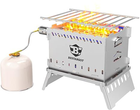 Bestargot Hobo Kocher Camping Gasgrill/Holzofen, Camping Grill Gas klein, Faltbar Outdoor Kocher aus Edelstahl mit Feuerfest Tragetasche, Steckbarer Campingkocher Hobo Ofen für Camping Balkon