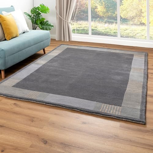 Steffensmeier Nepal Teppich Pokhara | Bordüre | Wohnzimmer | Neuseelandwolle | Rund | Grau, Größe: 200x300 cm